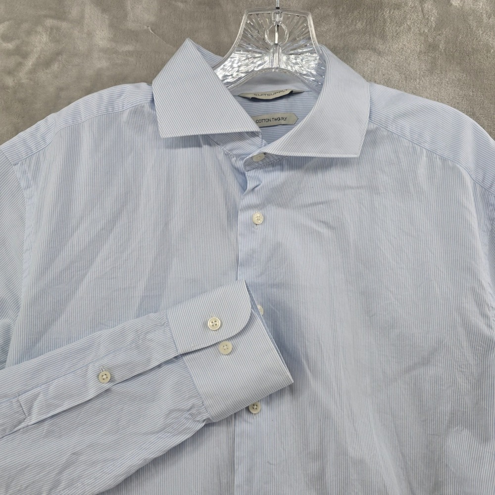 Suitsupply Dress Shirt Mens 42 16.5 Blue White Striped Cotton Two Ply